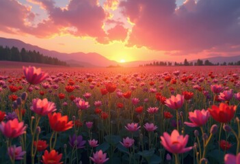 stunning wildflower fields bathed vibrant colors under dramatic sunset skies creating breathtaking natural landscape, flowers, sky, nature, clouds, horizon