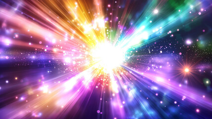 Naklejka premium Bunte kosmische Explosion mit strahlendem Licht und Regenbogenfarben im Weltall