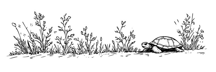 tortoise in nature doodle black vector ink sketch