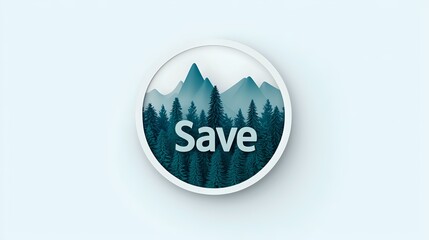 Minimalist round badge with mountain landscape and pine forest silhouette in teal color featuring save text, suitable for environmental conservation campaigns.