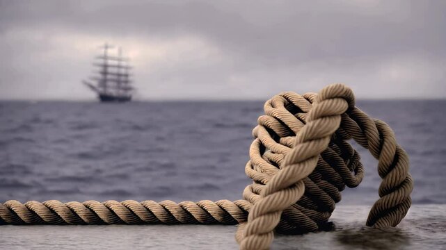 Nautical rope coil with big knot frames distant 19th century sailing ship on blurred ocean horizon. Maritime heritage and solitary voyage beneath overcast skies.
