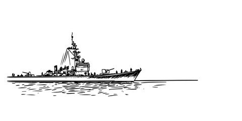 warship at sea doodle black vector ink sketch © Kaz
