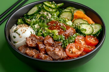 Fresh poke bowl with tender beef, soft-boiled egg, cucumber, cherry tomatoes, carrots and green salad mix topped with sesame seeds in black bowl on green background.