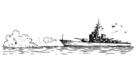 warship battleship at sea doodle black vector ink sketch © Kaz