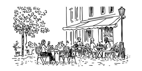 Fototapeta premium street cafe outdoor seating doodle black vector ink sketch