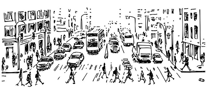 busy city street with pedestrians and traffic doodle black vector ink sketch