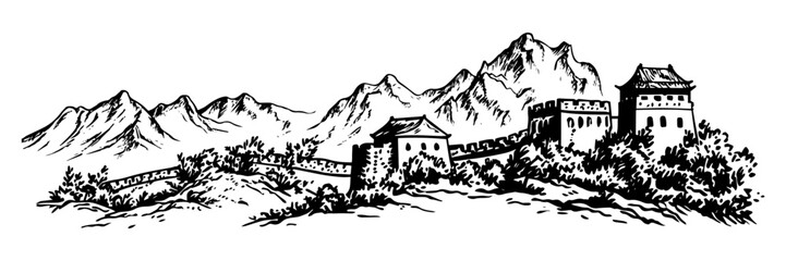 Obraz premium great wall of china landscape doodle black vector ink sketch