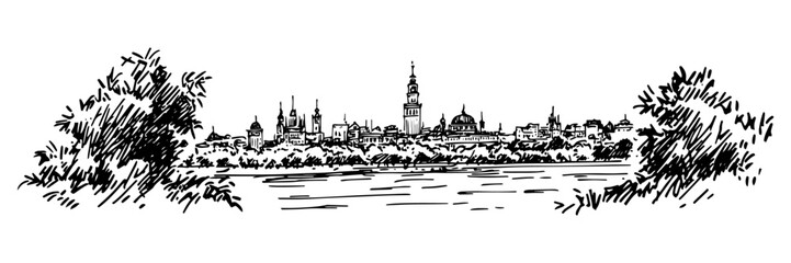 city skyline with river doodle black vector ink sketch