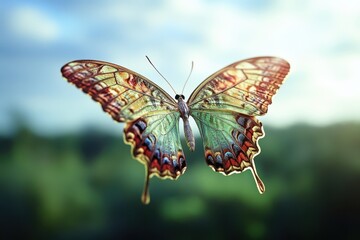 Obraz premium Colorful butterfly with intricate wings hovering in a natural setting during daylight hours