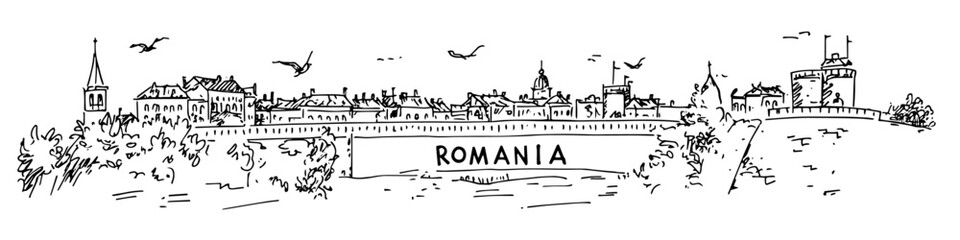 Fototapeta premium romanian city skyline doodle black vector ink sketch