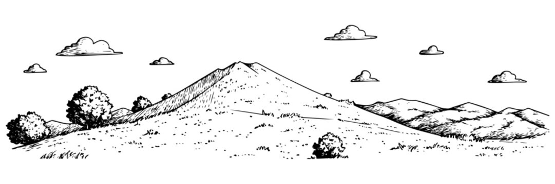 rolling hills landscape doodle black vector ink sketch