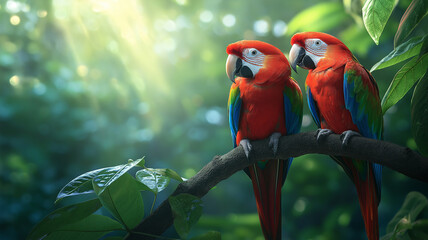 Vibrant red parrots perched on branch in lush greenery