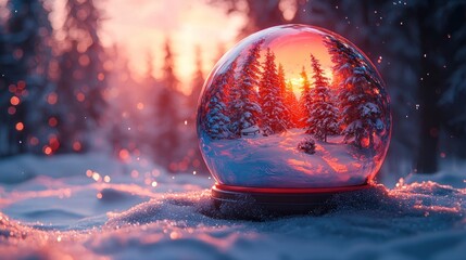 Winter snow globe sunset forest scene