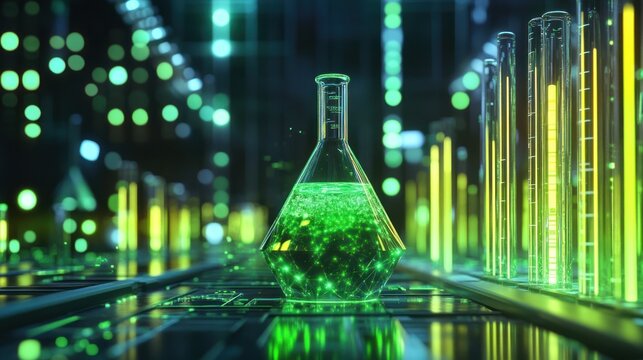 Futuristic lab flask with glowing green liquid, city lights in the background. Use for science, technology, or innovation concepts