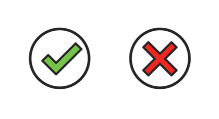 A green check and a red x in white circles against a black background