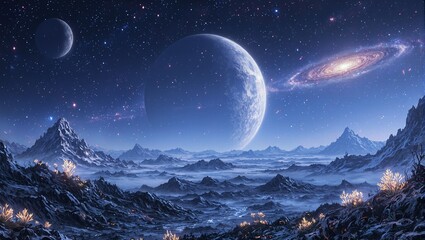 Futuristic sci fi planet with two moons glowing alien plants and starry galaxy