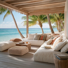 Luxurious beachside lounge with palm trees and ocean view