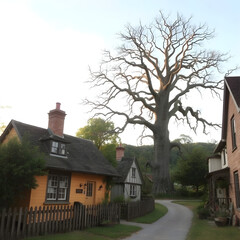 Casa rústica con paredes de un vibrante amarillo y un gran árbol protector.