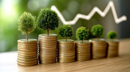 A creative representation of small trees growing on stacks of coins, encapsulating the essence of financial growth, sustainability, and the innovative ties between nature and economy.