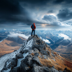 lone hiker stands on mountain peak, gazing at stormy skies