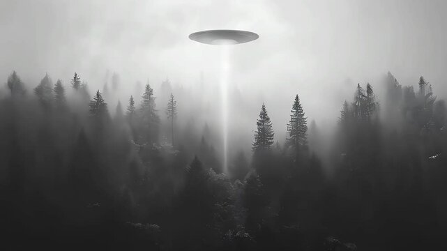 UFO sighting above foggy forest captures mysterious beam of light