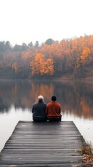 Two people sit peacefully by a lake surrounded by autumn leaves