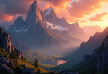 Obraz premium stunning scenic view breathtaking mountain peaks bathed golden light during dramatic sunset sky colors, beauty, cliff, elevation, evening, exploration