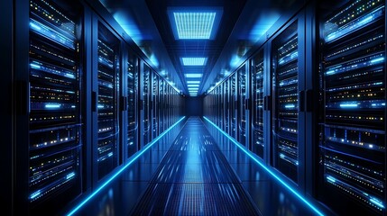 Futuristic 3D rendering of server racks in a data center with blue lighting, night ambiance, and high-tech design.