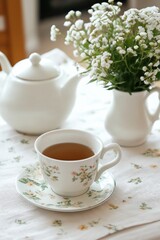 Fototapeta premium A white tea set with a floral patterned cup and saucer sits on a table with a floral arrangement