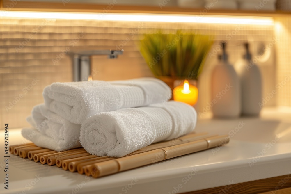 Poster cozy and clean bathroom with neatly folded towels, perfect for hotels and spa salons generative ai