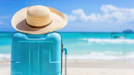 The design showcases a blue luggage piece on a white sand background, rendered in a vintage tone for a timeless travel theme