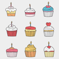 Illustration Set of Birthday cake in Continuous line drawing style