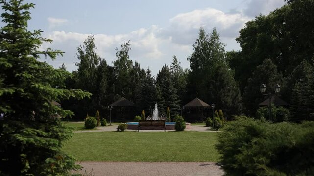 fountain and benches in the park in summer