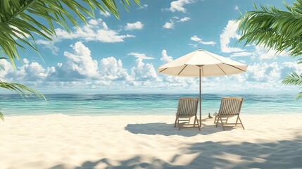 Fototapeta premium Beach Umbrella with Chairs on the Sand – Idyllic Summer Vacation Scene by the Ocean