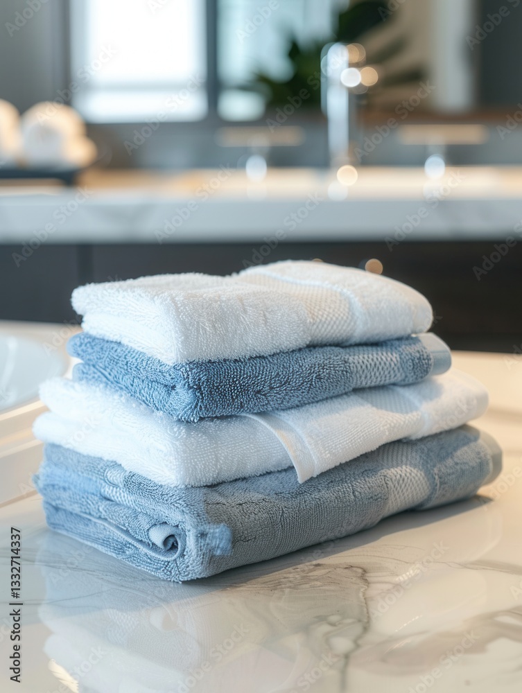 Aufkleber Neatly folded towels arranged on a countertop in a warm and inviting bathroom setting perfect for relaxation and pampering Generative AI