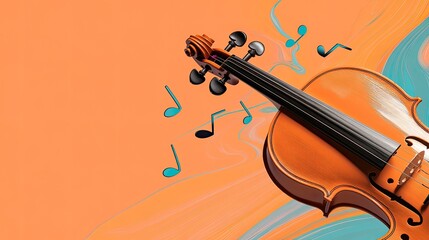 Naklejka premium vibrant abstract design showing musical notes emerging from violin surrounded by swirling color waves and copy space