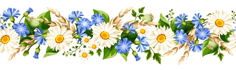 Horizontal seamless border with white daisies, blue chicory flowers, and ears of wheat. Vector floral garland © naddya