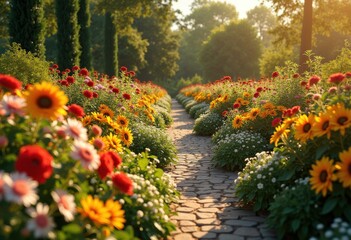 vibrant garden beds displaying lush colorful diverse textures captivating outdoor aesthetic, flower, bloom, petal, leaf, green, plant, foliage