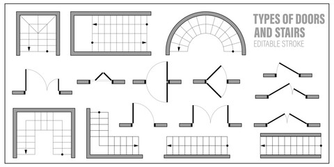 Set of doors and stairs for floor plan top view. Kit of icons for interior project. Architectural elements for scheme of apartments. Construction symbol, graphic design element, blueprint. Vector