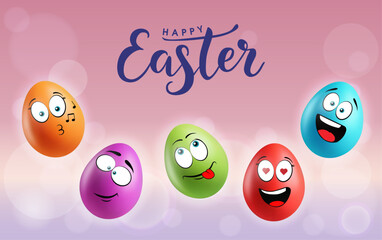 Color eggs with funny faces on gradient background. Different emotions, cartoon smile. Set of eggs emoji banner. Happy Easter holiday poster illustration. Various colours.