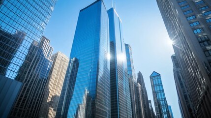 Obraz premium Towering skyscrapers reaching upward towards the bright sunny sky above