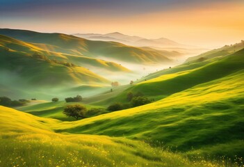 Fototapeta premium captivating majestic rolling hills dawn surrounded misty valleys showcasing breathtaking splendor serenity, landscape, scenery, sunrise, fog, greenery
