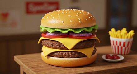 Delicious double cheeseburger with lettuce tomato onion and fries 3d bun eat red art food meal cafe