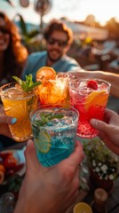 Friends sharing colorful cocktails at a rooftop bar during a sunset gathering