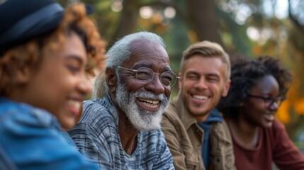 Fototapeta premium Multigenerational group of friends from different backgrounds enjoying a lively conversation in a park on a sunny day