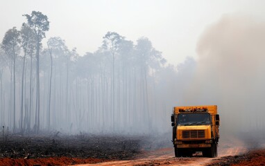 A firefighting truck navigating through a smoky, deforested landscape with trees in the background