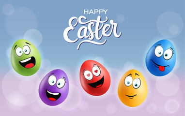 Color realistic eggs with funny faces on gradient background. Different emotions, cartoon smile. Set of eggs emoji banner. Happy Easter holiday poster illustration. Various colours.