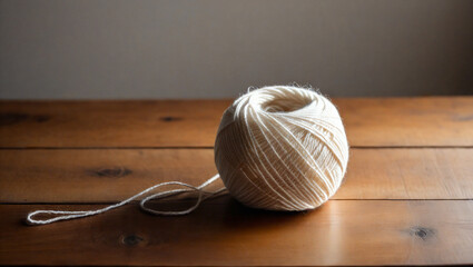Minimalist white ball of yarn on wooden table with soft lighting