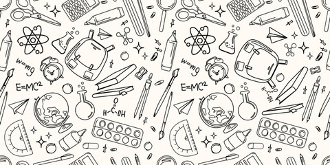 Seamless hand drawn pattern with school supplies, science symbols, math equations, and educational doodles. educational materials,stationery, wallpapers, wrapping paper,backgrounds.Vector illustration