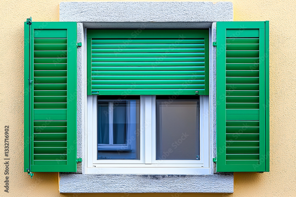 Poster a charming window with green shutters in a colorful building adds character to the urban landscape